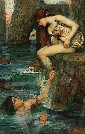 警笛，1901年`The Siren, 1901 by John William Waterhouse