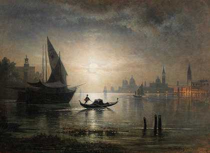 威尼斯，巴西诺的农历之夜`Venedig, Eine Mondnacht im Bacino (1900) by Karl Heilmayer