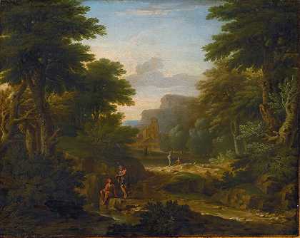 树木繁茂，人物休息`Wooded landscape with figures resting by a stream (1725) by a stream by George Lambert