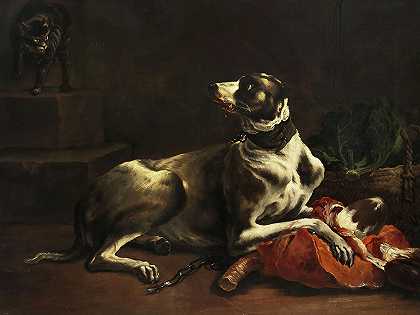 狗吃肉`Dog eats Meat by Dutch painter of the 17 and 18 century