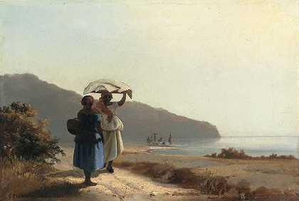 两个女人在聊天`Two Women Chatting by the Sea,St. Thomas (1856) by the Sea,St. Thomas by Camille Pissarro