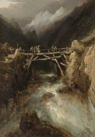 在比利牛斯山上，一座有旅行者穿越急流的桥`A bridge with travellers crossing a torrent in the Pyrenees by Eugène Isabey