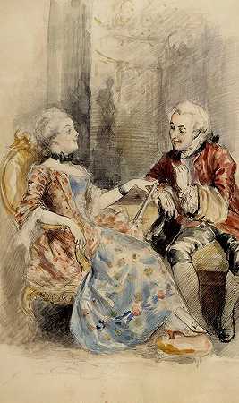 情侣们在聊天，穿着洛可可风格的服装`Couple Having a Conversation, Rococo Attire by Albert Edelfelt