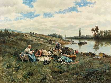 午餐后塞纳河畔`Après Un Déjeuner; Bords De La Seine (1918) by Daniel Ridgway Knight