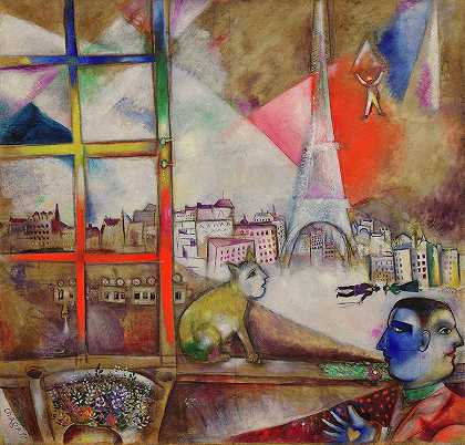巴黎透过窗户——巴黎1913英尺窗`Paris Through the Window – Paris par la fenetre, 1913 by Marc Chagall