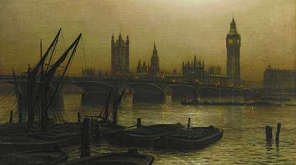 威斯敏斯特大桥与议会大厦`Westminster Bridge With The Houses Of Parliament by Louis Grimshaw