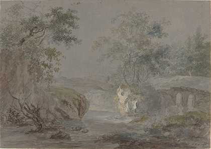 河岸边树木繁茂的悬崖`Wooded Cliffs along a Riverbank (1796) by Johann Caspar Huber
