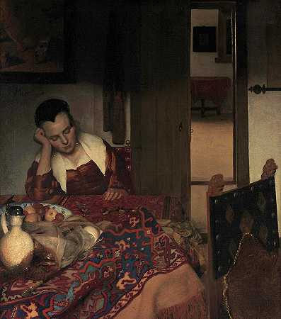 一个熟睡的女仆，1657年`A Maid Asleep, 1657 by 维米尔