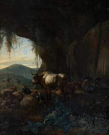 山洞里的牧羊人和牛群`A Shepherd and Cattle in a Cave by Willem Romeyn
