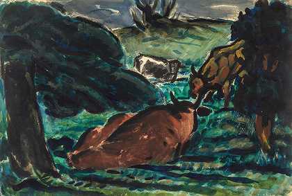 躺着的奶牛`Cows Reclining by Louis Wiesenberg