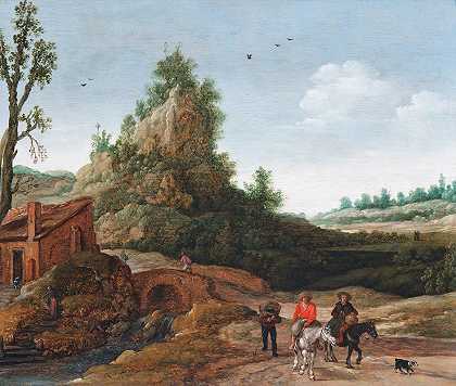 游客在一座小住宅前过桥，前景是骑兵`A landscape with travellers crossing a bridge before a small dwelling, horsemen in the foreground by Esaias van de Velde