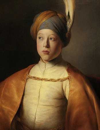 穿着披风和头巾的男孩，帕拉蒂纳特王国鲁伯特王子的肖像`Boy in a Cape and Turban, Portrait of Prince Rupert of the Palatinate by Jan Lievens