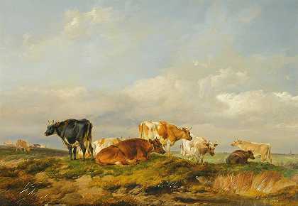 肯特草地上的牛`Cattle In A Kent Meadow (1839) by Thomas Sidney Cooper