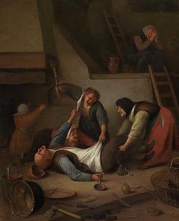 在内地，女人殴打男人，农民打架`Interior with Women Thrashing a Man, Peasants Fighting by Jan Steen