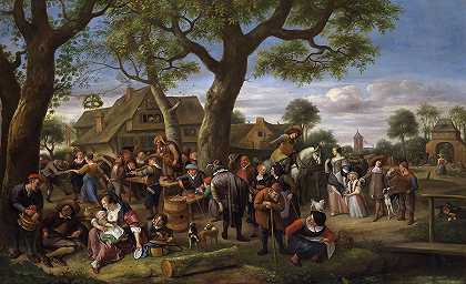 沃蒙德集市上的一家客栈外，农民们在狂欢` Peasants Merrymaking Outside an Inn, Fair at Warmond by Jan Steen