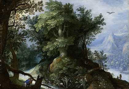 猎人的森林场景`Forest Scene with Hunters (ca. 1600) by Circle Of Gillis Van Coninxloo