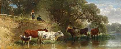 和牧羊人一起在河边吃草`Weidende Kühe am Fluss mit Hirten (1874) by Friedrich Voltz