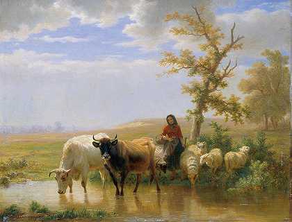 牛羊`Kühe und Schafe (1856) by Edmond Jean-Baptiste Tschaggeny