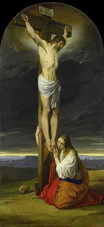 被钉在十字架上，抹大拉的马利亚跪着哭泣`Crucifixion with Mary Magdalene Kneeling and Weeping by Francesco Hayez