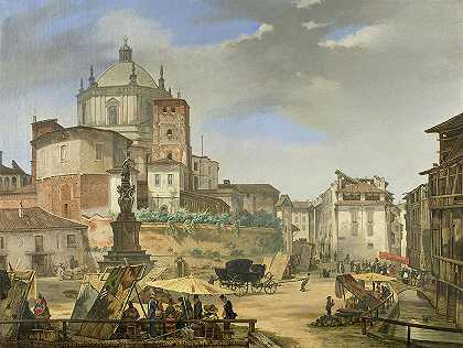 米兰德拉维特拉广场景观`View of Piazza della Vetra in Milan by Giuseppe Elena
