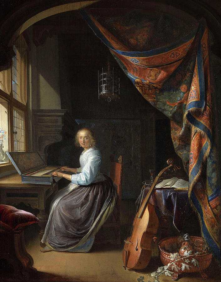 演奏古钢琴的女人`A Woman playing a Clavichord by Gerrit Dou