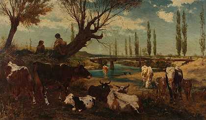 水边的一群奶牛`Kuhherde am Wasser (1872) by Carl Rudolf Huber
