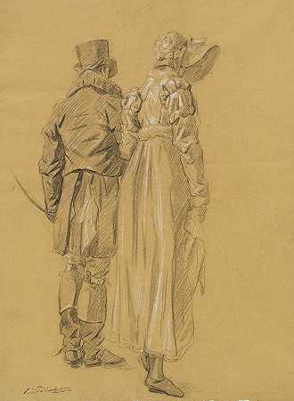 从背后看一对时髦的夫妇`A Fashionable Couple Seen from Behind (c. 1810) by Philibert d&;Amiens de Ranchicourt