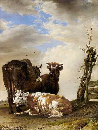 草地围栏边的两头母牛和一头公牛`Two Cows and a Young Bull beside a Fence in a Meadow (1647) by Paulus Potter