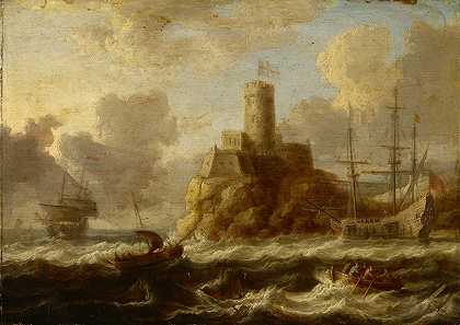 海岸要塞，风浪汹涌`Coastal Fortress with Stormy Sea by Peter van de Velde