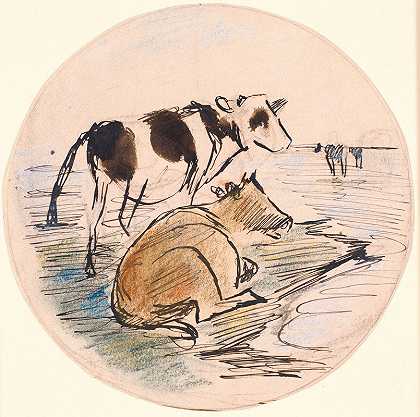 Saltholm上的牛犊（生陶盘）`Kalve på Saltholm (udkast til keramisk fad) (1888) by Theodor Philipsen