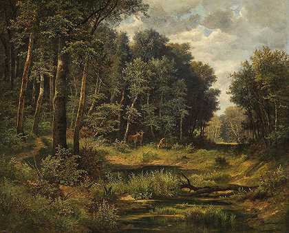 森林池塘里的狍子`Roe Deer at the Forest Pond by Leopold Munsch