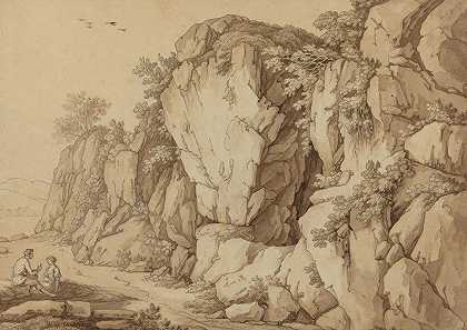 一对年轻夫妇坐在一块巨大的岩层附近`A Young Couple Seated near a Massive Rock Formation by Johann August Nahl II