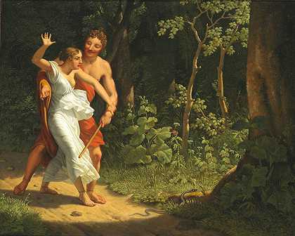 森林里的诱惑场景`A seduction scene in a forest (1811) by Christoffer Wilhelm Eckersberg