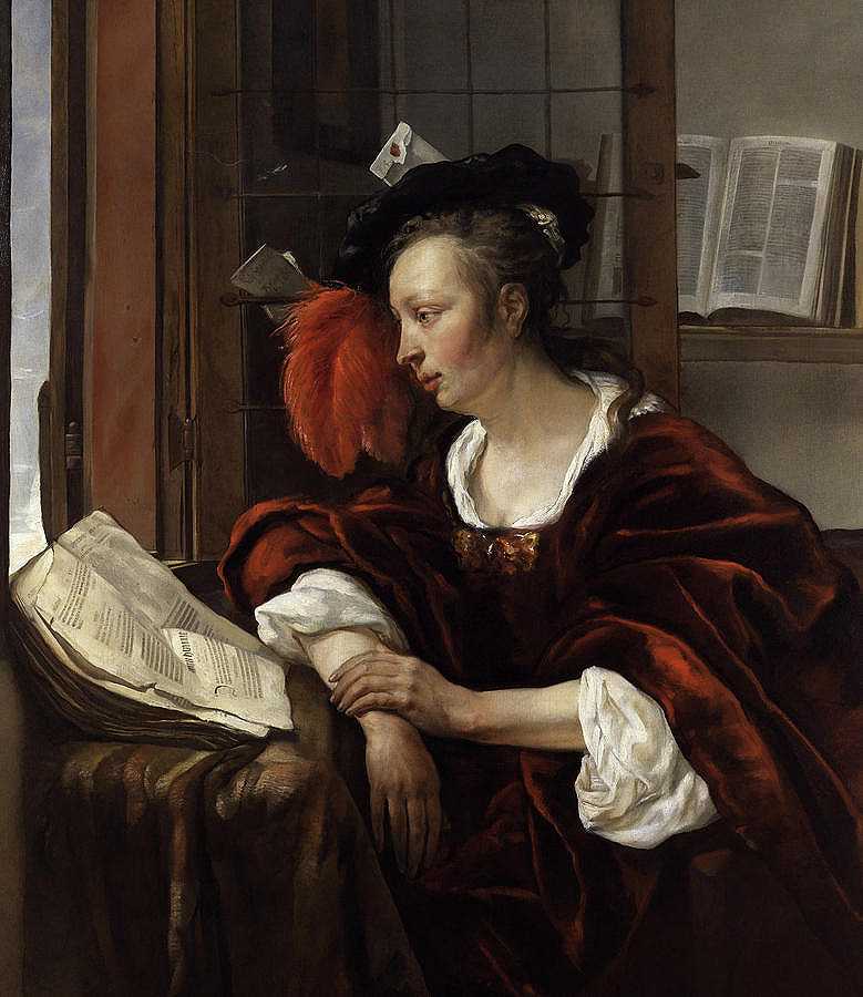 靠窗看书的女人`Woman Reading a Book by a Window by Gabriel Metsu