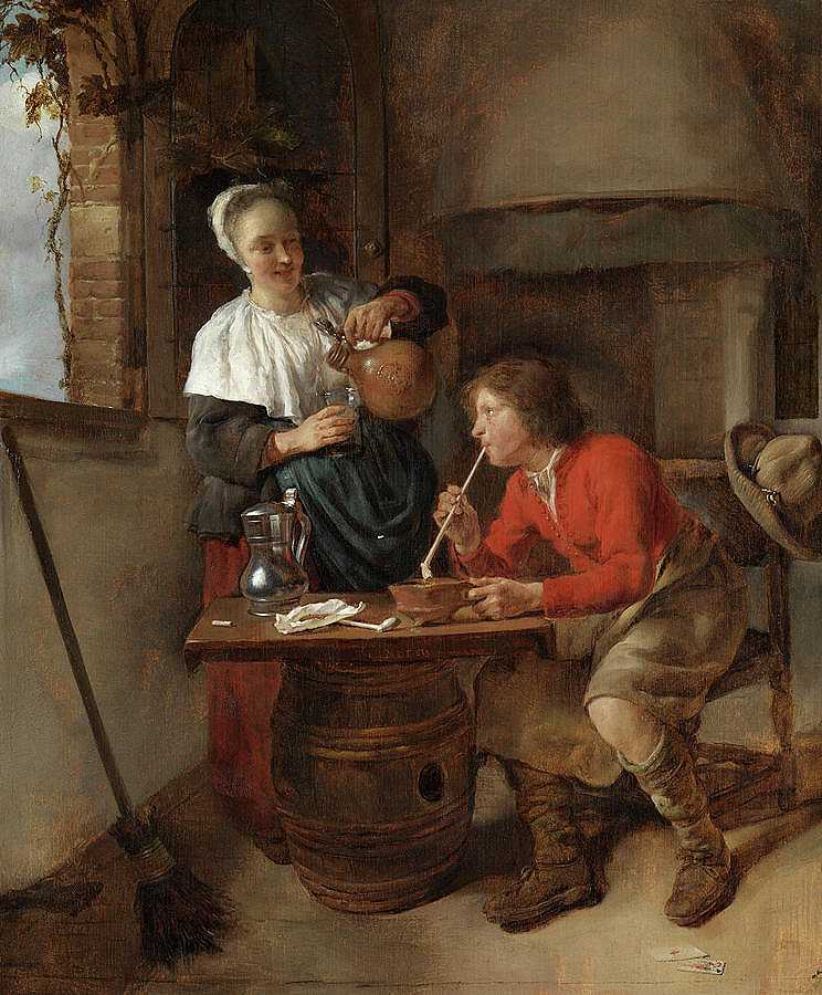 一个年轻人抽烟，一个女人倒啤酒`Young Man Smoking and A Woman Pouring Beer by Gabriel Metsu