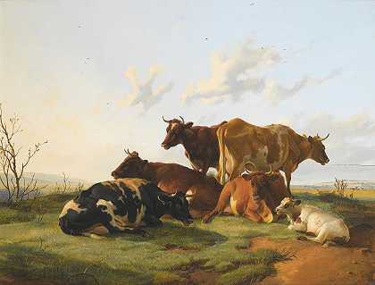 在坎特伯雷牧场放牧的牛`Cattle Grazing In Canterbury Meadows (1876) by Thomas Sidney Cooper