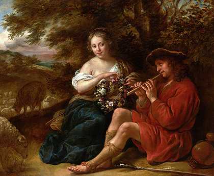 优雅的牧羊女听着牧羊人在田园风光中弹奏录音机`Elegant Shepherdess Listening to a Shepherd Playing the Recorder in an Arcadian Landscape by Govaert Flinck