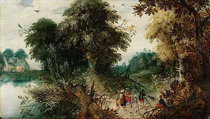 与游客一起欣赏森林景观`Forest View with Travellers (c. 1620) by Abraham Govaerts