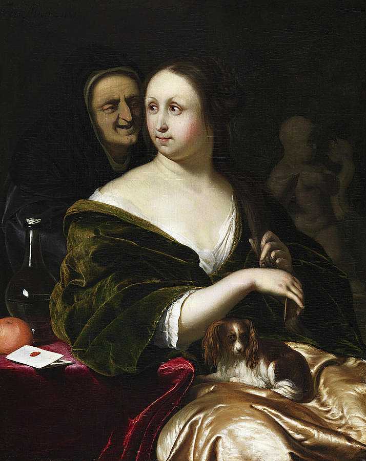 带着一只小狗的女人，还有一个女佣`Woman with a Lapdog, Accompanied by a Maidservant by Frans van Mieris
