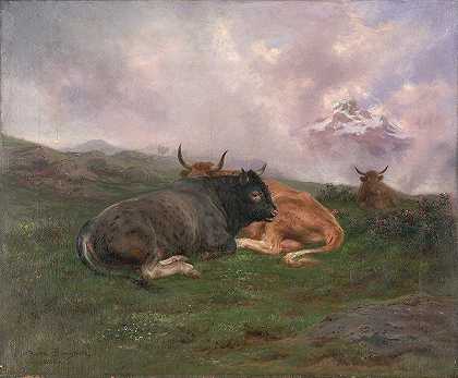 阿尔卑斯山山坡上休息的牛`Cattle at Rest on a Hillside in the Alps (1885) by Rosa Bonheur