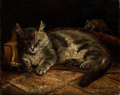睡灰猫和老鼠`Sleeping Grey Cat And A Rat (1864) by Adolf Von Becker