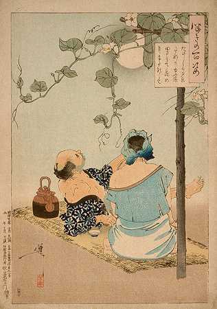 一对夫妇正在欣赏花团锦簇的晚景`A Couple Enjoying the Flowering Evening Face Arbor (1886) by Tsukioka Yoshitoshi