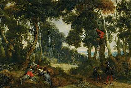 一片树林中，土匪在玩骰子，另一个土匪站在树上了望`A Wooded Landscape With Brigands Playing Dice, Another Brigand Up In A Tree, On The Lookout by Jan Wildens