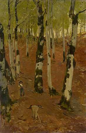 （格鲁埃雷斯）山毛榉林和采伐者`(Gruyères)Beech Grove with Wood Gatherer (1890) by Hans Sandreuter