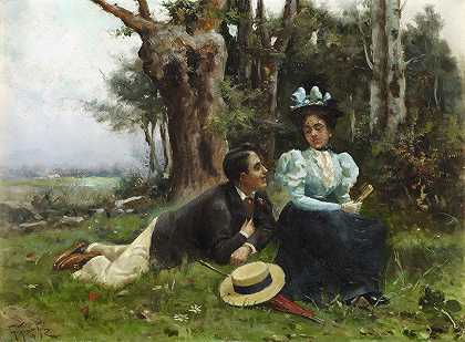 在乡下求爱`Courting in the Country (c. 1896) by Guillermo Gómez Gil