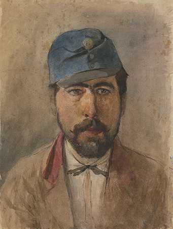 一个戴蓝帽子的士兵的肖像`Portrait of a soldier in a blue cap (1880–1910) by Ladislav Mednyánszky