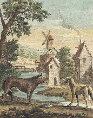 狼和瘦狗`Le loup et le chien maigre (The Wolf and the Thin Dog) (1756) by Louis-Simon Lempereur