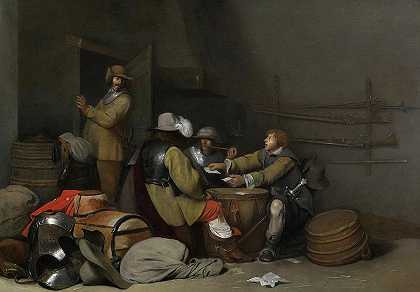 警卫室里有士兵吸烟和打牌`Guardroom Interior with Soldiers Smoking and Playing Cards by Gerard ter Borch the Younger