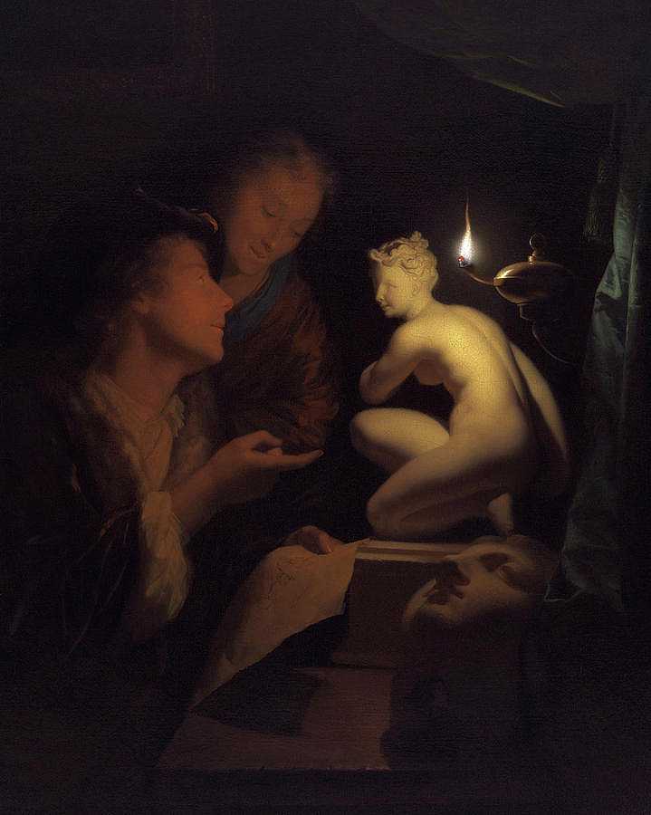 年轻男女在灯光下研究维纳斯雕像`Young Man and Woman Studying a Statue of Venus, by Lamplight by Godefridus Schalcken