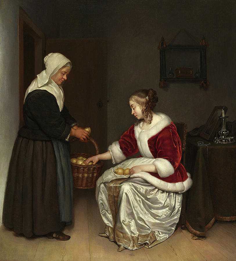 两个女人坐在室内，手里拿着一篮柠檬`Two Women in an Interior with a Basket of Lemons by Caspar Netscher